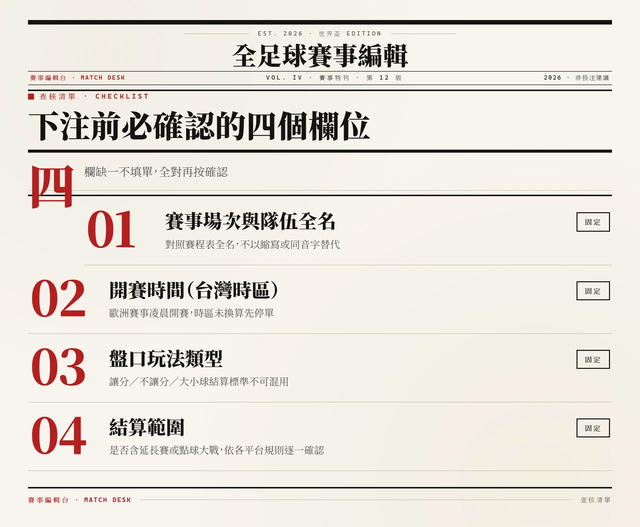 足球下注四欄位查核清單